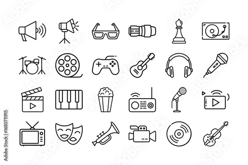 Entertainment And Media Vector Icon Sheet For Movies TV Music News Games Broadcasting Culture Fun  