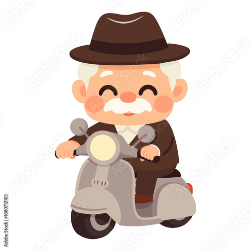 Cartoon Illustration of Senior Man Riding Scooter