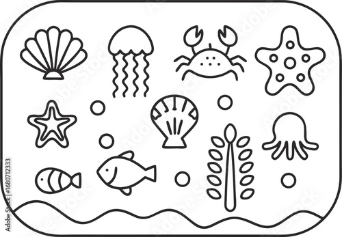 A variety of sea animals, including fish, starfish, crab, jellyfish, octopus, and shells, representing the beauty of marine life