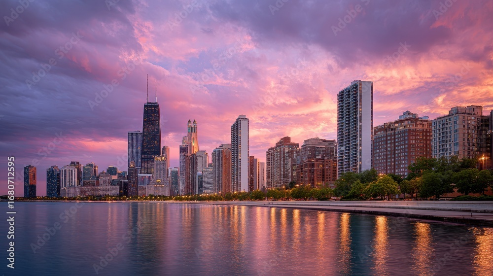 Naklejka premium Chicago skyline cityscape sunset lake reflection urban architecture high rise dramatic sky tranquil evening colorful waterfront Illinois downtown modern building city USA travel tourism scenic