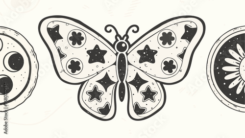 Illustration of a butterfly with stars and flowers between two circular lunar symbols design silhouette