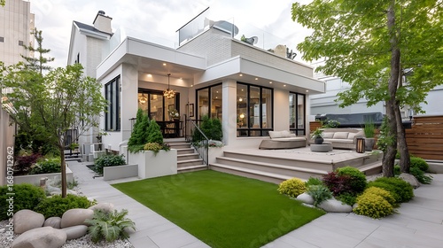 Wallpaper Mural A modern backyard with a perfectly manicured lawn and stylish landscaping, ideal for home design inspiration and outdoor living spaces. Torontodigital.ca