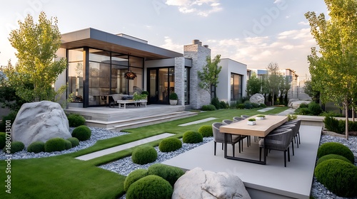 A modern backyard with a perfectly manicured lawn and stylish landscaping, ideal for home design inspiration and outdoor living spaces.