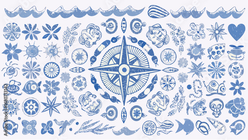 Illustration featuring nautical elements, floral designs, and compass rose in blue and white color palette silhouette