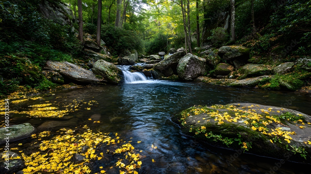 Fototapeta premium Crystal Brook Flowing Through Mossy Forest Serenity