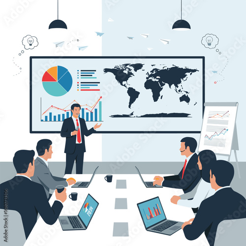 Confident businessman presents global growth strategy to attentive team in modern boardroom