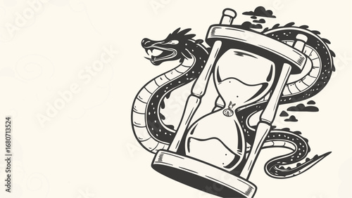 Illustration of an hourglass with sand inside and a dragon coiled around it with clouds behind it silhouette