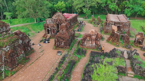 aerial view of MySon temple sanctuary ruins in Vietnam, ancient spiritual heritage and jungle serenity, drone perspective of sacred stone My Son site