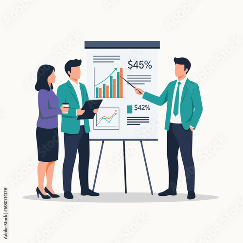Confident team analyzes financial growth charts during strategic business presentation in modern office