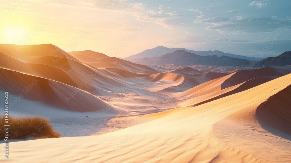 Naklejka premium Majestic Sunset Over Golden Desert Dunes A Serene Landscape of Tranquility and Warmth in Nature
