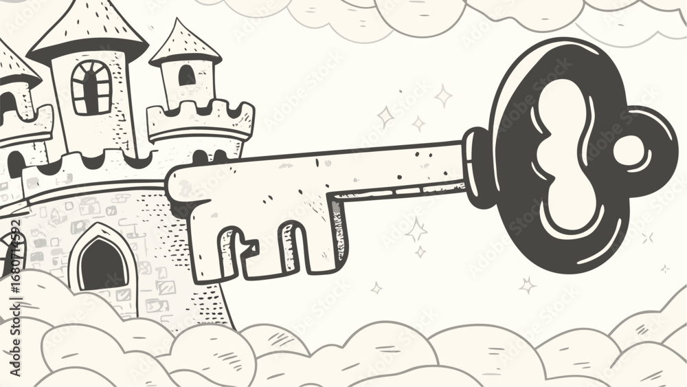 Obraz premium Illustration showing a castle with turrets, clouds, and a large key floating in the sky above it silhouette
