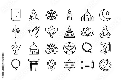 Religion And Spirituality Vector Icon Sheet For Faith Worship Church Prayer Symbols Sacred Belief Peace  