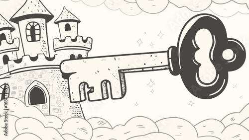 Illustration showing a castle with turrets, clouds, and a large key floating in the sky above it silhouette