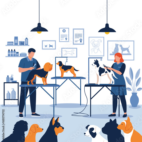 Professional groomers pampering pups in a modern salon with happy dogs waiting