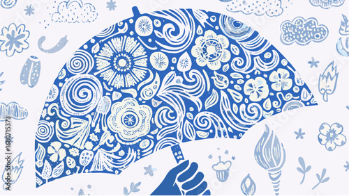 Floral patterned umbrella held by a hand with surrounding floral and cloud illustrations in blue and white silhouette