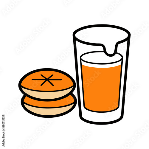 glass of orange juice with pancake