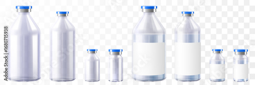 Medical Bottles. Glass Pharmacy Bottle. Drug Vial Transparent glass bottles for injections mockup. Vector illustration isolated on white background. Can be use for medicine, cosmetic and other. Ready 