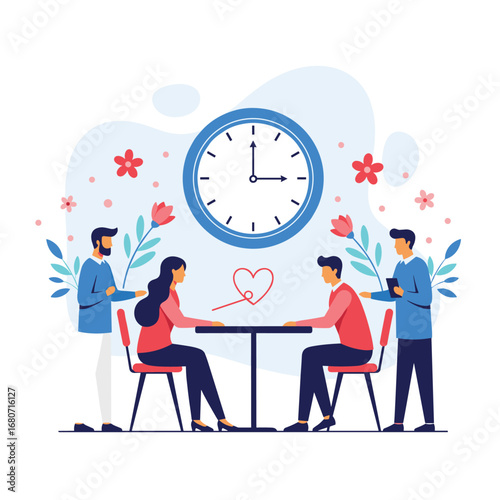 Couples meet for romantic dinner date with clock overhead symbolizing time for love