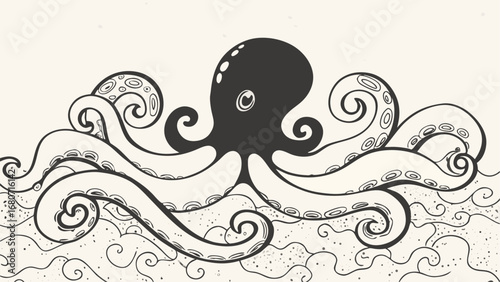 Stylized octopus illustration with swirling tentacles and water waves in black and white design art silhouette
