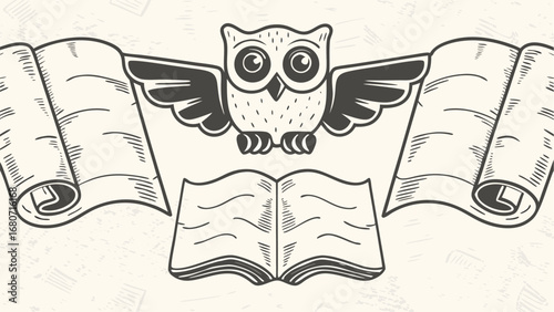 Illustration of an owl perched above an open book flanked by two scrolls in a vintage style design silhouette