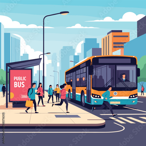 People rushing to catch a modern public bus at a busy city stop with skyscrapers and clear skies