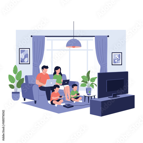 Modern family enjoying home entertainment together with laptops and video games on a cozy evening