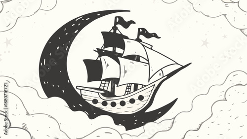 Illustration of a ship sailing on a crescent moon surrounded by clouds and stars in black and white silhouette