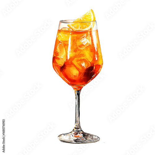 Watercolor Aperol Spritz cocktail glass with transparent background, isolated PNG, hand-painted drink illustration