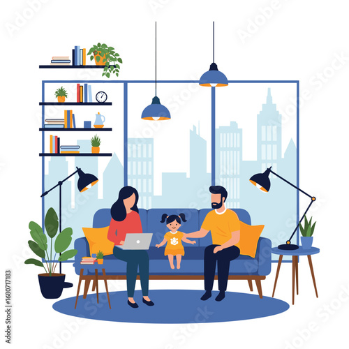 Happy family enjoying cozy time together in modern living room with city view