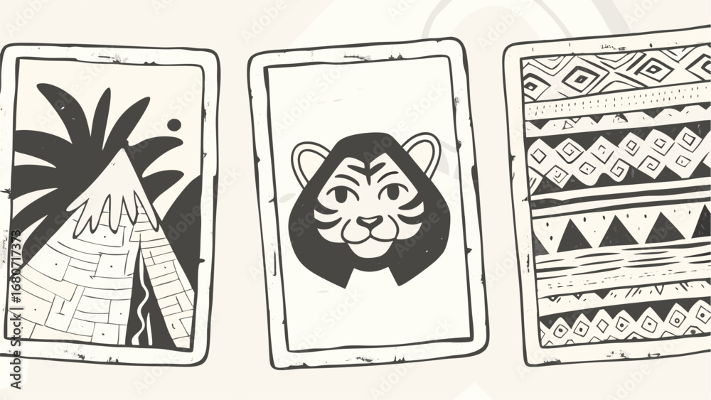 Fototapeta premium Three cards with jungle mountain tiger and tribal patterns in black and white illustration style silhouette