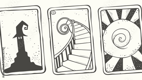 Three tarot cards featuring a witch's hat tower a spiral staircase and a sun with spiral center silhouette