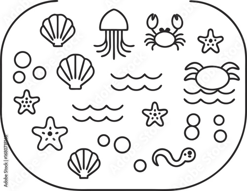 Marine life icons in a rounded frame featuring sea creatures like fish, crab, jellyfish, starfish, shell, and worm
