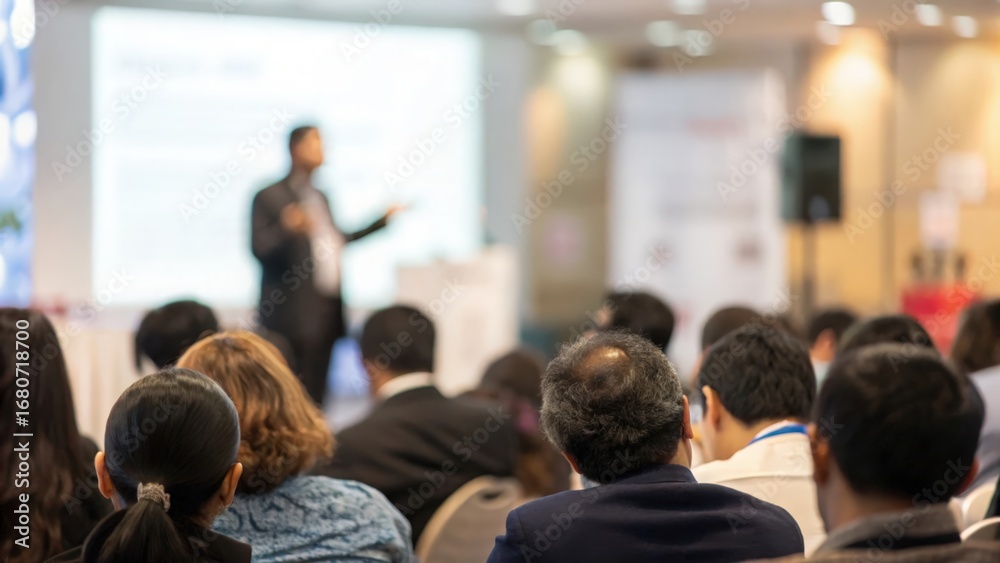 Fototapeta premium Indian business conference with full hall — attendees focused on speaker presentation