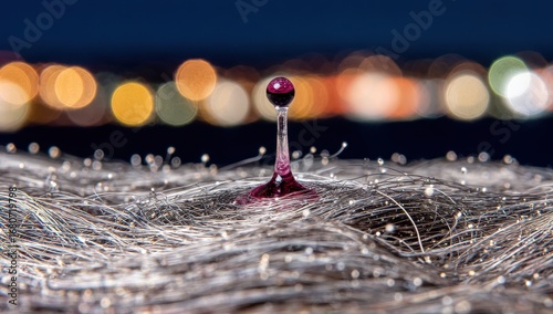 Purple droplet on textured surface, city lights bokeh
