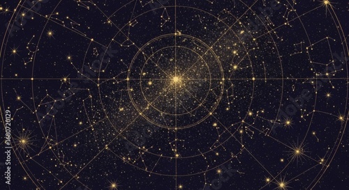 Golden constellations and celestial map on a dark night sky