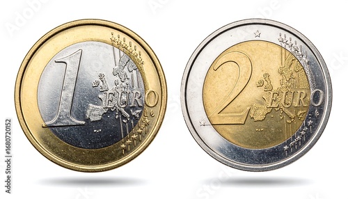 Two euro coins, one and two, in close-up view, showcasing the detailed designs, contrasting colors, and distinct values.