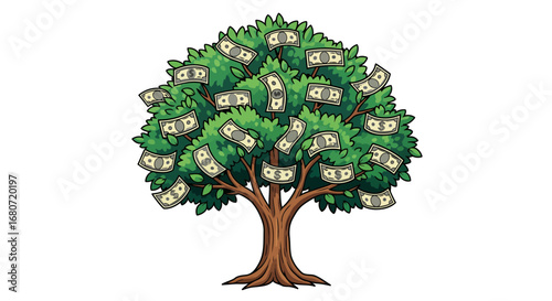 Cartoon money tree vector with banknotes. Isolated on white, clear lines. Concepts finance, investment, business success, wealth. Flat design.