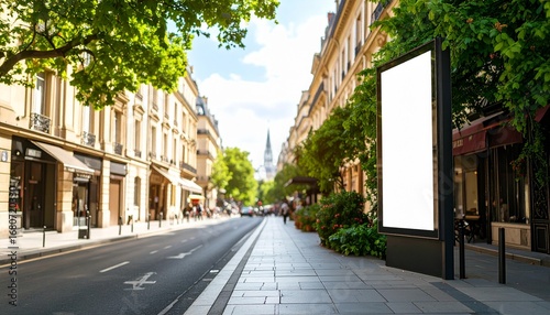 Blank Street Billboard for Outdoor Advertising in City Center, In the background buildings and road. Mock up. Poster on street next to roadway. Sunny summer day.