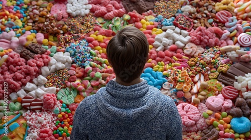A person surrounded by an overwhelming amount of sugary snacks, reflecting on the constant battle of controlling sugar intake and managing weight.