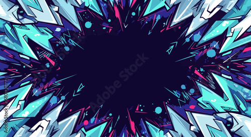 A dynamic burst of geometric shards in cool blues and vibrant pinks explodes outwards from a deep purple center, creating a striking, high-energy frame.