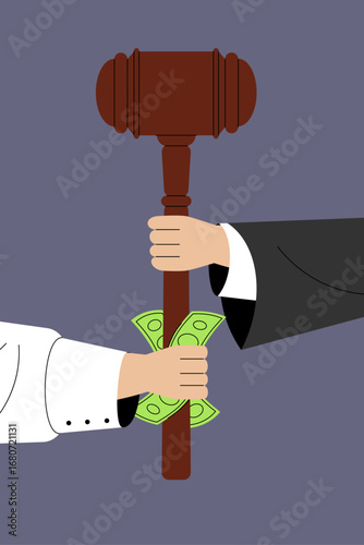 Vector illustration of the judge's hand and the defendant's hand holding a gavel, but the defendant bribed the judge with money as if the law could be bought.