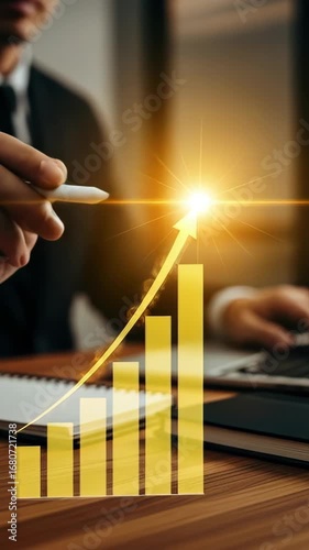 A business finance growth success chart graph with upward arrow and bar in office, businessman hand holding pen, symbolizing financial growth, positive business trend, dynamic modern office