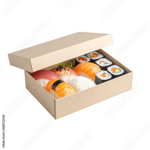 Delicious Sushi Takeaway Fresh Rolls in a Cardboard Box
