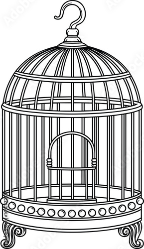 Vintage birdcage vector, black and white line art, ornate decorative cage illustration, symmetrical design, antique style, elegant scroll feet
