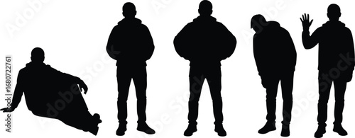 Human silhouette poses, casual body language, black vector illustration, different postures, gesture variety, isolated figures, white background,