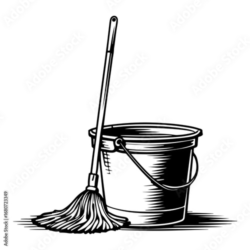 Classic vector artwork of a mop and bucket as housekeeping tools—suitable for educational content, cleaning company branding, safety posters, and web design.