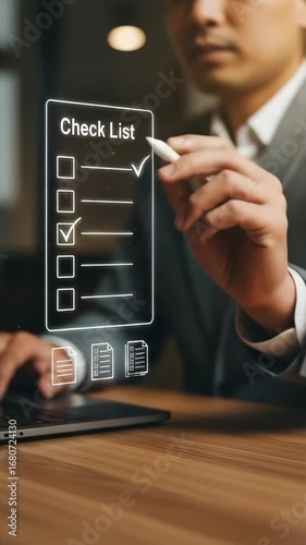A businessman checklist digital technology futuristic office touchscreen innovation planning succes concept, professional workspace organization management strategy, using digital checklist interf