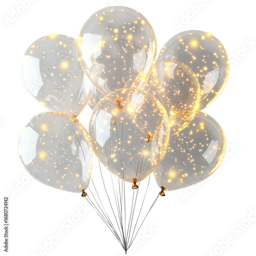 Golden sparkle balloon PNG cluster—seven transparent balloons with warm glowing lights for magical party, wedding, and decor designs