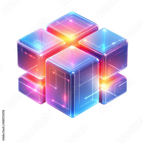 Glowing cubes arranged in a cluster showcasing vibrant neon colors and futuristic design elements perfect for tech and design projects on transparent background