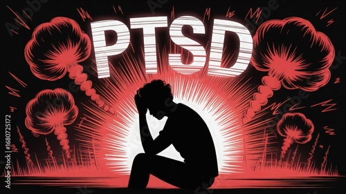 PTSD Concept: A poignant illustration of the invisible scars of Post-Traumatic Stress Disorder (PTSD), capturing a moment of solitude, despair and the internal struggle to find peace.